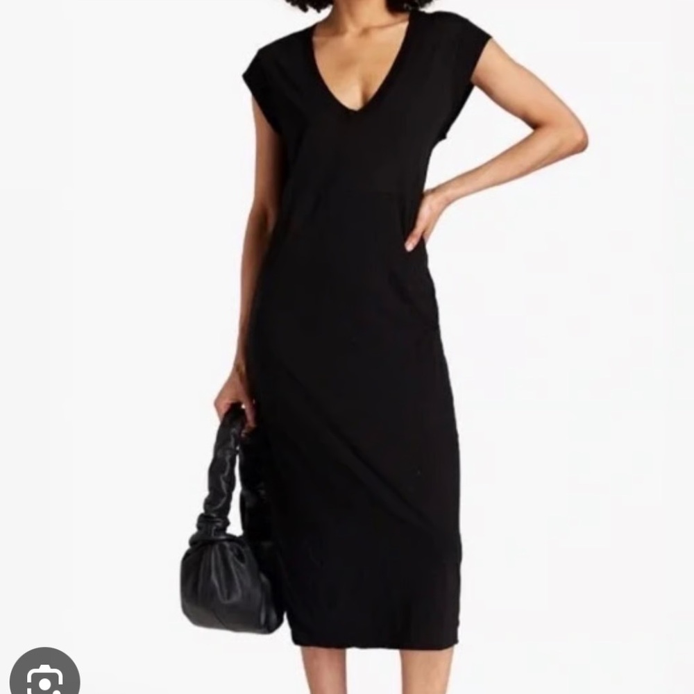 James Perse Black Wool V-neck Midi Dress